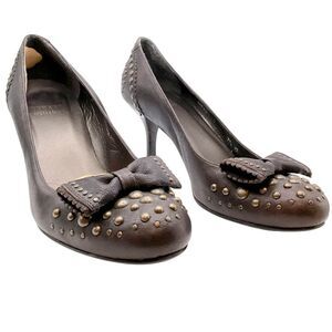 Stuart weitzman ladies shoes 7 1/2 brown leather studded bow stilettos